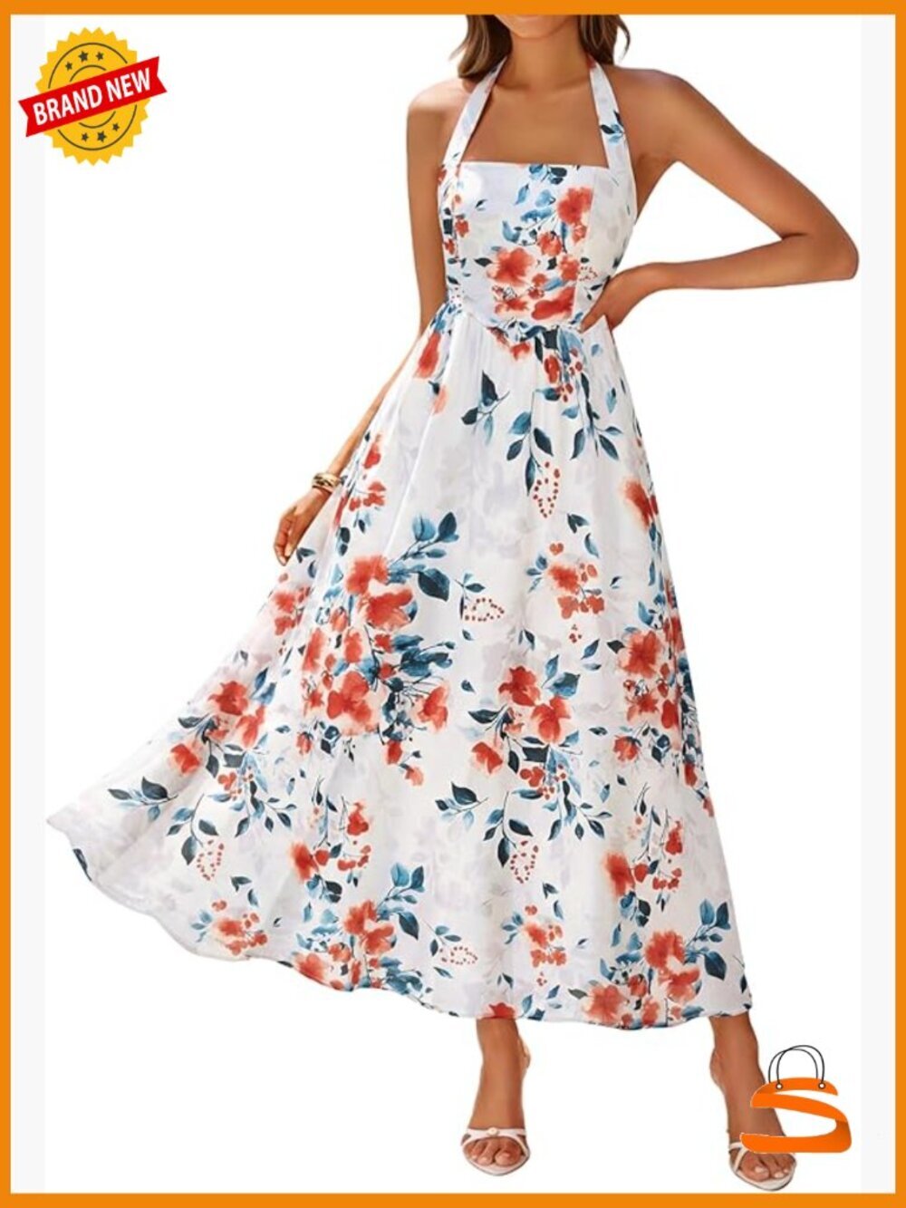Floral Halter Midi Dress Sleeveless High Waist Flowy Beach